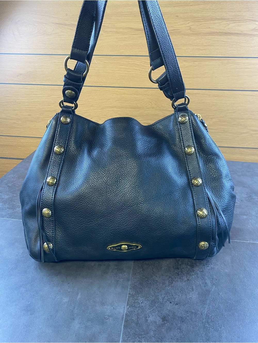 Elliott Lucca Cool Vibe Black Leather Golf Studded Shoulder Bag w/fringe